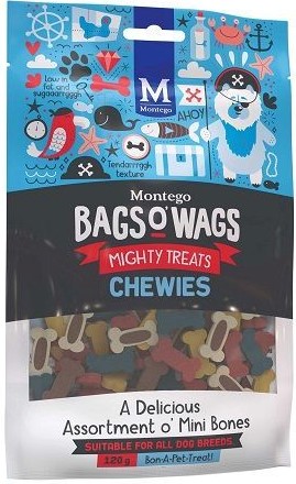 A Delicious Assortment o' Mini Bones. Highly nutritious, wagtastically delicious, Bags O' Wags are the treats dogs love to get and they're full of yummy goodness. The Bags O' Wags range of treats make on excellent reward for good behaviour. a tempting incentive when training or a between meal-snack that hits the spot. Ideal for daily use, Bags O' Wags treats make the perfect complement to every Montego Pet Nutrition dry or wet food diet. Bags O' Wags treats are made to the same high standards as all Montego Pet Nutrition products, using only the finest ingredients, prepared to perfection in our world-class facility. Disclaimer: Treat only, not a complete and balanced diet.