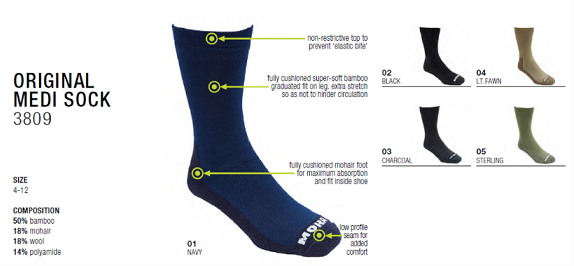 Non - restrictive top to prevent 'elastic blue'. Fully cushioned super soft bamboo graduated fit on leg, extra stretch so as not to hinder circulation. Fully cushioned mohair foot for maximum absorption and fit inside shoe. Low profile seam for added comfort.