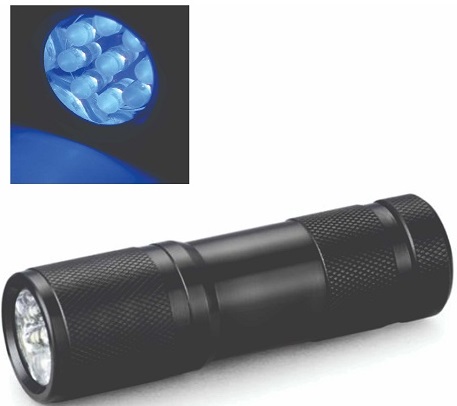 Sepaled 9 LED scorpion finder 3 x AAA blk clam, Ultraviolet wavelength 390 - 400 nm. Heavy duty aluminium casing, shock and water resistant ipx4, 9 x UV led, 10hr runtime.