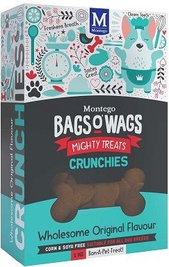 Wholesome Original Flavour. Highly nutritious, wagtastically delicious, BAGS O' WAGS are the treats dogs love to get and they're full of munchariffic goodness! Benefits: Handcrafted Flavour- Handcrafted in small batches using the finest ingredients they taste as heavenly as they smell (to your dog!) Easy to Digest- A single source of protein means easier digestion for a happy tum (and crunchy fun) A Perfect Treat- Crunchy and easy to snap, these tasty treats are ideal as a delicious reward when training (or whenever!) Fresher Breath for Kisses- The teeth cleaning agent and rosemary extract clean teeth and freshens breath (For everyone's sake). Bags O' Wags treats are made to the same high standards as all Montego Pet Nutrition products, using only the finest ingredients, prepared to perfection in our world-class facility. Disclaimer: Treat only, not a complete and balanced diet.