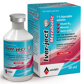 Iver-ject Metabolic is a 1% Ivermectin injectable solution for the treatment of ticks and roundworms.