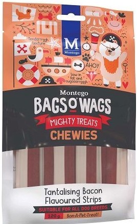 Tantalising Bacon Flavoured Strips. Highly nutritious, wagtastically delicious, Bags O' Wags are the treats dogs love to get and they're full of yummy goodness. The Bags O' Wags range of treats make on excellent reward for good behaviour. a tempting incentive when training or a between meal-snack that hits the spot. Ideal for daily use, Bags O' Wags treats make the perfect complement to every Montego Pet Nutrition dry or wet food diet. Bags O' Wags treats are made to the same high standards as all Montego Pet Nutrition products, using only the finest ingredients, prepared to perfection in our world-class facility. Disclaimer: Treat only, not a complete and balanced diet.