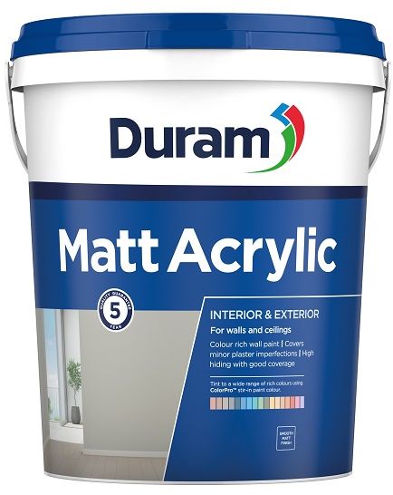 Colour rich wall paint, for walls and ceilings, interior and exterior use, the product is long lasting, high hiding and has a smooth matt finish. It has a 5 year quality guarantee, is water based. The matt acrylic white can be tinted with Duram ColorPro stir in paint colour.