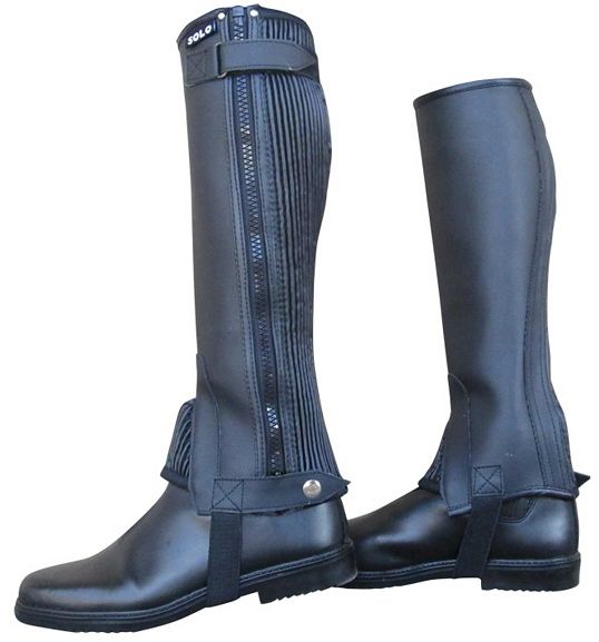 Synthetic leather look chaps - prevents the stirrup leathers from rubbing your calves. Good value for money. Strong YKK zip. Low maintenance - wipe clean with a damp cloth or sponge.