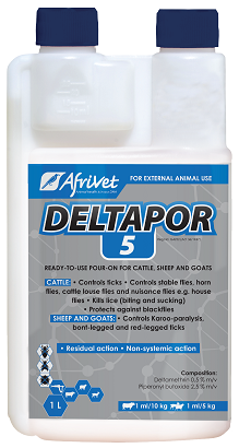 Ready-to-use pour-on for cattle, sheep and goats. Cattle: Controls ticks, stable flies, horn flies, cattle louse flies and nuisance flies e.g. house flies. Kills lice (biting and sucking). Protects against blackflies. Sheep and goats: Controls Karoo-paralysis, bont-legged and red-legged ticks.