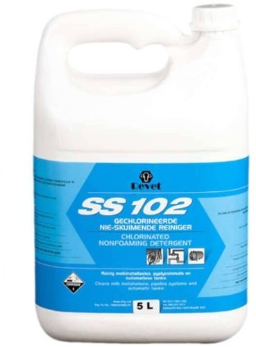 Chlorinated Non foaming liquid detergent to clean milk installations and pipeline systems and automatic tanks. Directions: After milking rinse the installation thoroughly with cold to lukewarm water at 25°C. Prepare a solution containing 5 to 6ml of SS102 per litre of hot water at 70°C. Circulate this solution through the installation for 10 minutes. Drain the solution and rinse the installation with potable water. Use 2ml SS108 per 1 litre of water or 1.5ml SS103 per 1 litre of water in the final rinse.