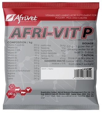 Vitamin and amino acid supplement for poultry, pigs and calves. Afri-Vit P contains all the necessary nutrients to help speed up disease recovery.