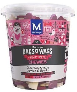 Cheerfully Chewy Jumble o' Hearts. Highly nutritious, wagtastically delicious, Bags O' Wags are the treats dogs love to get and they're full of yummy goodness. The Bags O' Wags range of treats make on excellent reward for good behaviour. a tempting incentive when training or a between meal-snack that hits the spot. Ideal for daily use, Bags O' Wags treats make the perfect complement to every Montego Pet Nutrition dry or wet food diet. Bags O' Wags treats are made to the same high standards as all Montego Pet Nutrition products, using only the finest ingredients, prepared to perfection in our world-class facility. Disclaimer: Treat only, not a complete and balanced diet.