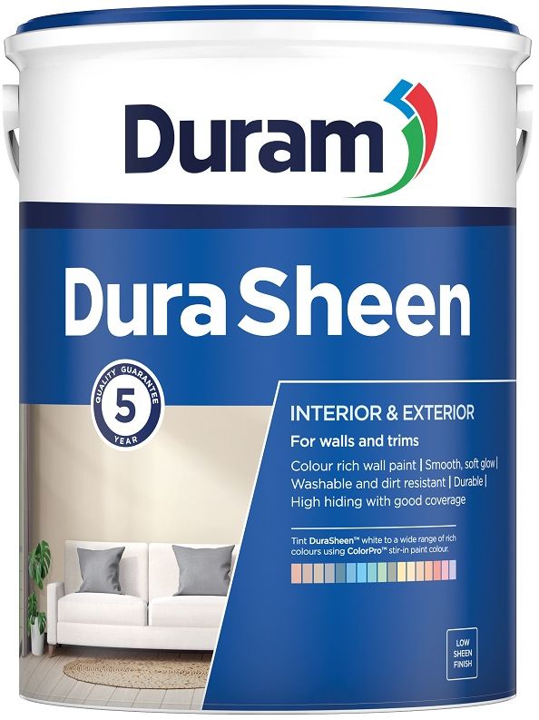 An affordable colour rich, low-sheen paint that is durable, washable and dirt resistant for walls and trims, with a 5 year quality guarantee. DuraSheen White can be tinted with Duram ColorPro stir-in paint colour. Colour rich formula with a range of attractive colours. UV- and weather-resistant.