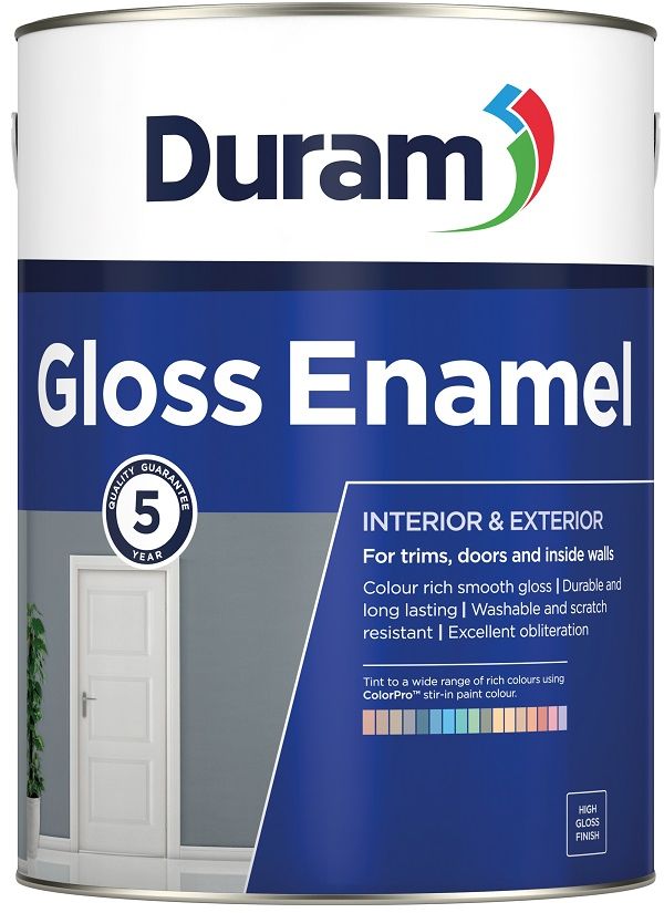 An attractive, colour rich and long lasting gloss enamel for trims, doors, windows and inside walls, with a 5 year quality guarantee. Abrasion, scratch, stain and steam resistant. Colour rich smooth gloss with a flawless, self levelling finish. Gloss Enamel White 5L can be tinted with Duram ColorPro stir-in paint colour.