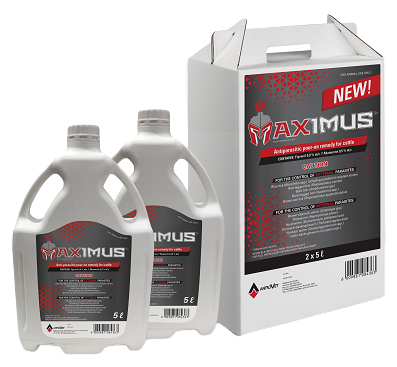 Maximus is a ready-to-use pour-on antiparasitic for cattle.