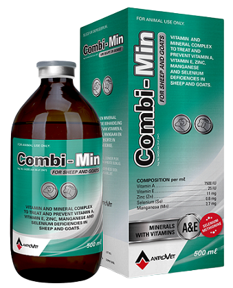 Combi-min for Cattle is an injectable to treat and prevent vit A, vit E, zinc, manganese and selenium deficiencies in sheep and goats.