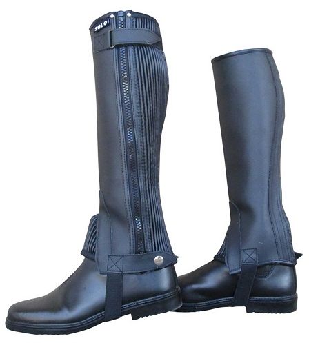 Synthetic leather look chaps - prevents the stirrup leathers from rubbing your calves. Good value for money. Strong YKK zip. Low maintenance - wipe clean with a damp cloth or sponge.