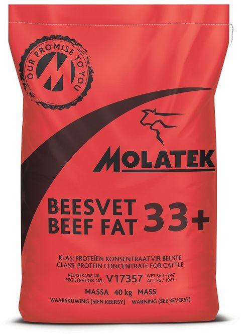 Molatek Beef Fat 33+ is a specially formulated protein concentrate that when used in a complete or cafeteria finishing diet ensures economical beef cattle finishing. Molateks fattening product formulations focus on achieving the lowest cost per kg mass gain. Uses high-quality natural protein which is balanced according to the amino acid profile needed for carcass development to optimise muscle growth.