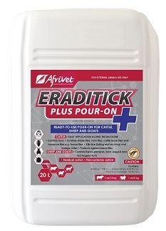 Ready-to-use pour-on for cattle, sheep and goats. Cattle: easy application along the backline. Controls ticks, stable flies, horn flies, cattle louse flies and nuisance flies e.g. house flies. Kills lice (biting and sucking) and mange mites. Protects against blackflies. Sheep and goats: controls Karoo-paralysis, bont-legged and red-legged ticks.