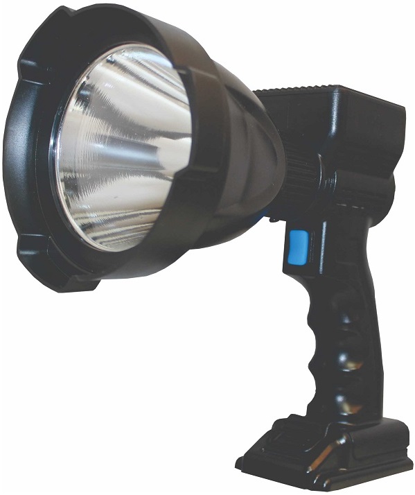 Marsh XL rechargeable spotlight MS4400. Ultra High Max Power 65W LED (fitted to light). Up to 6500 Lumens. Beam distance: Up to 1500m. Switch: 3 mode: High, Medium, Low. Run-time: High - 1h, Medium - 1.5h, Low - 2,5h. LED life: Over 10,000 hours. 12V operation: Included with 12V connector can be connected to auto cigarette lighter socket for continuous operation. Rechargeable: Fitted with detachable, interchangeable, 12.6V 2600mAh lithium battery. Charging time: Fast 3 hour charging. Reverse polarity protection.
