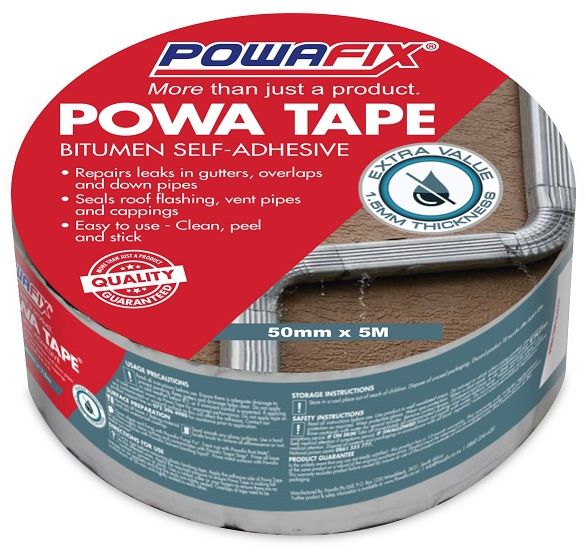 Powa Tape is an easy to use bitumen self-adhesive water proofing tape strip that can be applied to a variety of clean, well prepared surfaces. Powa Tape creates a water tight, Long Lasting seal on roof tiles, metal surfaces and fibre cement down pipes, gutters, roof flashings and vent pipes.