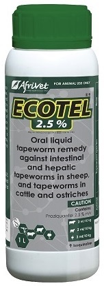 Oral liquid tapeworm remedy against intestinal and hepatic tapeworms in sheep, and tapeworms in cattle and ostriches.