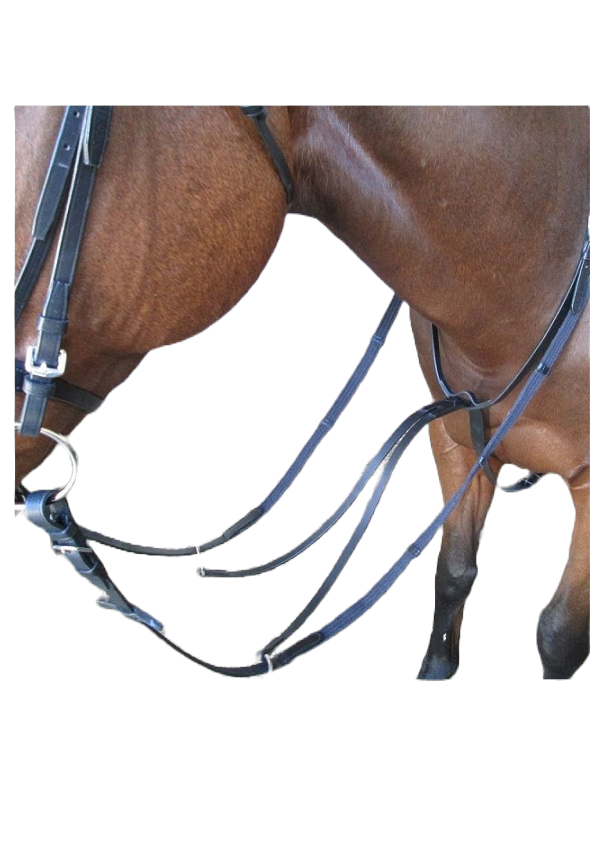English leather. Stainless steel fittings, with a reinforced split for strength. A running martingale prevents the horse from lifting his head too high and gives you a neck strap to hold onto if you are feeling insecure on top of your horseBlack or brown leather. Pony, cob, full size.