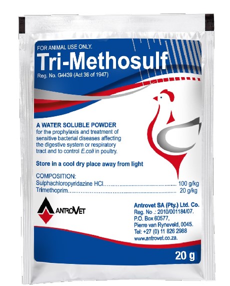 Tri-methosulf is indicated for prophylaxis and treatment of sensitive bacterial infections affecting the digestive system or respiratory tract in poultry.