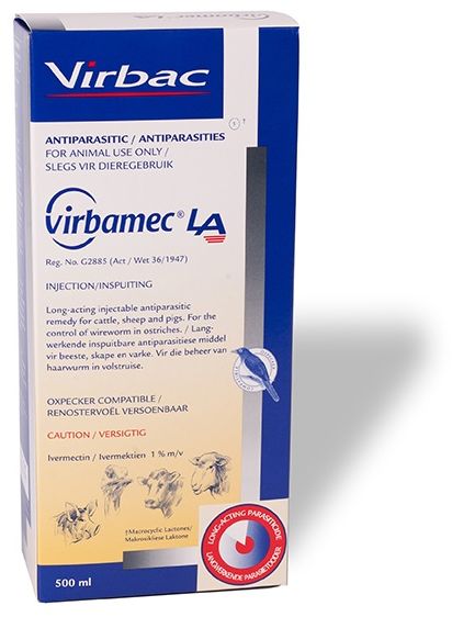 Long acting injectable antiparasitic remedy for cattle, sheep, pigs and ostriches. Oxpecker compatible. The reliable 1% Ivermectin of choice for the trusted control of internal and external parasites (with persistency), for improved production in cattle, sheep, pigs and ostriches. The reliable 1% Ivermectin of choice for the trusted control of internal and external parasites (with persistency), for improved production in cattle, sheep, pigs and ostriches. COMPOSITION : Ivermectin 1% m/v. Cattle and Sheep : Inject 1ml per 50kg body mass. Pigs: Inject subcutaneously or intramuscularly at 1ml per 33kg body mass.