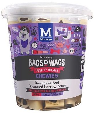 Delectable Beef Flavoured Marrow Bones. Highly nutritious, wagtastically delicious, Bags O' Wags are the treats dogs love to get and they're full of yummy goodness. The Bags O' Wags range of treats make on excellent reward for good behaviour. a tempting incentive when training or a between meal-snack that hits the spot. Ideal for daily use, Bags O' Wags treats make the perfect complement to every Montego Pet Nutrition dry or wet food diet. Bags O' Wags treats are made to the same high standards as all Montego Pet Nutrition products, using only the finest ingredients, prepared to perfection in our world-class facility. Disclaimer: Treat only, not a complete and balanced diet.