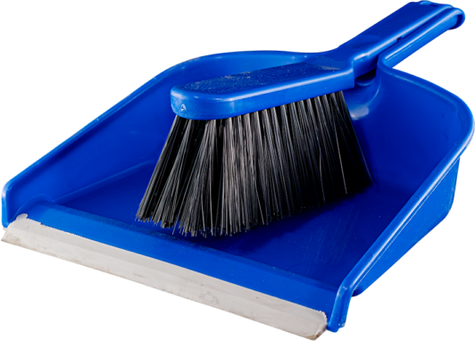 A brush and dustpan is used for scooping up dirt and dust from the floor.