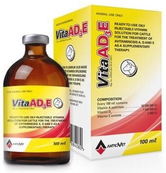 Vita AD3E is a ready to use oily injectable vitamin solution for cattle for the treatment of avita-minosis A,D and E as supplementary therapy.