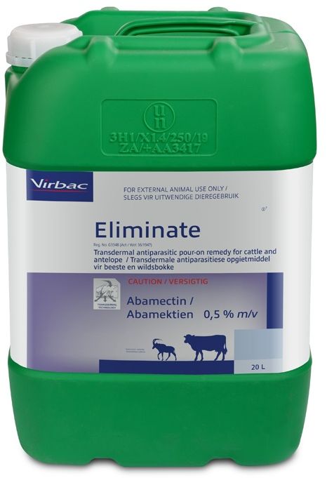 Transdermal pour-on that controls Internal and External parasites in Cattle and Antelope. COMPOSITION : Abamectin 0,5% m/v. COMPOSITION : Abamectin 0,5% m/v. The dosage is 1ml per 10kg body mass. Transdermal technology.