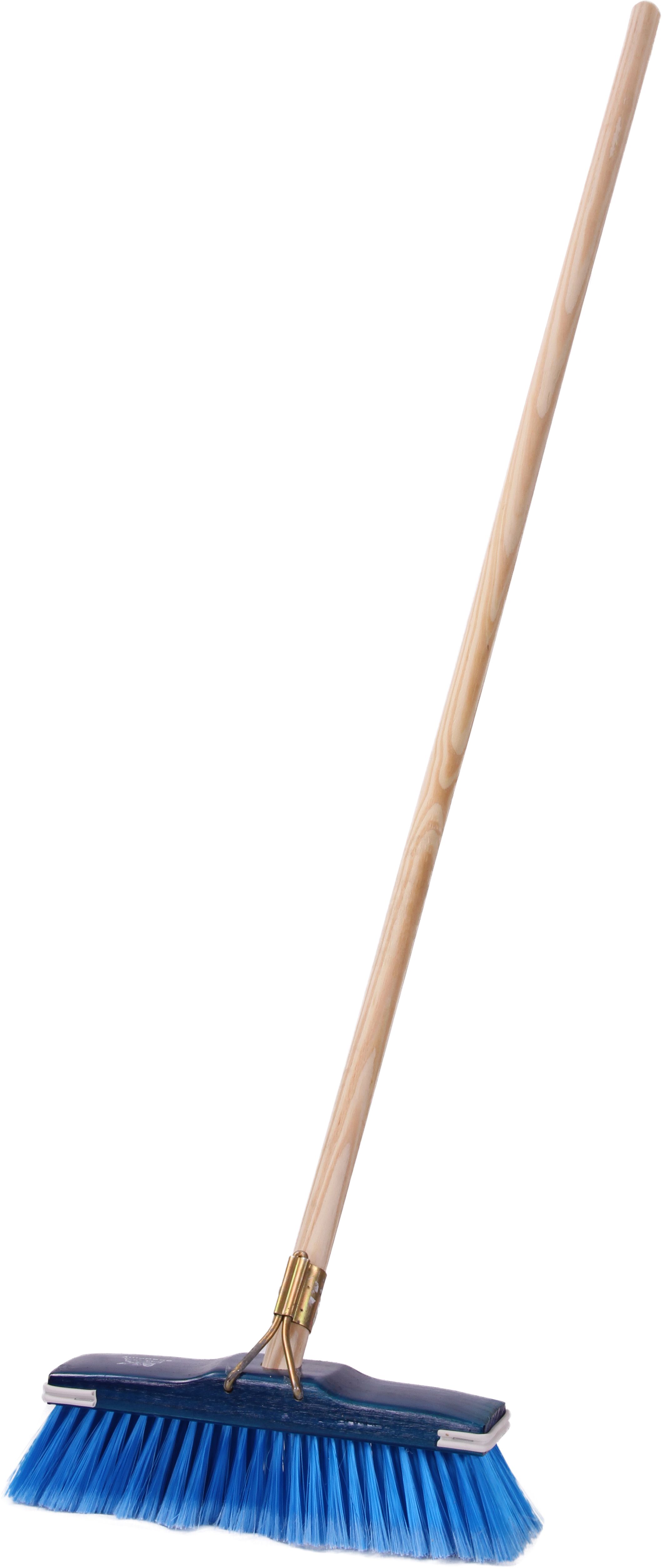 GB1 Soft broom filled with flagged synthetic fibre in assorted colours with buffer, with wooden handle.