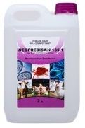 Neopredisan 135-1 is a broad-spectrum disinfectant with chloro-m-cresol as the active ingredient for use against crypto sporidia, coccidian oocysts, eggs from tape- and roundworms, eggs from lice and mites, micro-organisms that include bacterial vegetative organisms, all fungi, viruses, and clostridial spores on a variety of surfaces. Effectiveness against excreted endoparasites: Crypto sporidia. Coccidia (Isospora suis). Coccidia (eimeria tenella). Worm eggs (heterakis). Worm eggs (ascaris suum). Clostridia. Mycobacteria (tuberculosis). Bacteria and virus. Bacteria, fungi and virus.Prion (strain 263K).