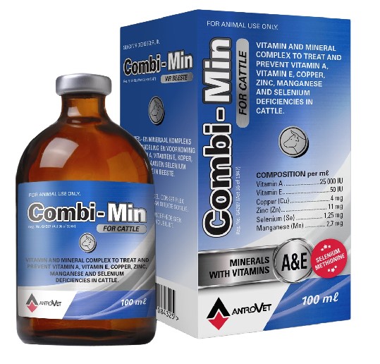 Combi-min for Cattle is an injectable to treat and prevent vit A, vit E, copper,zinc, manganese and selenium deficiencies in cattle.