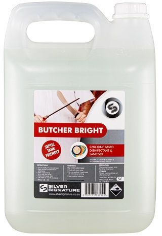 Butcher bright 2lt - septic tank friendly. Specially formulated for the food, beverage and industrial industries as a chlorine-based detergent and sanitizer.