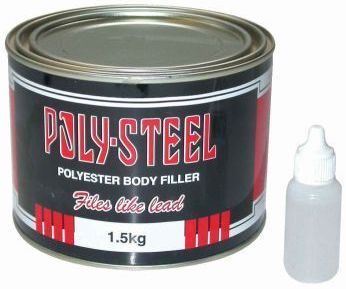 Ploy-Steel polyester body filler is used for filling dents and small holes in metal, plastic, wood, and concrete.