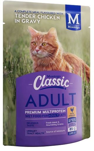 A complete meal flavoured with tender chicken in gravy. Classic Wet Food provides a complete, balanced and enticingly delicious meal, or a tasty complement to your dog's daily dry food diet. Serve on top, mixed in or on its own - however they like it! Benefits Include: Steamed in the pouch for a delicious, meaty flavour. Balanced nutrition with added vitamins and minerals.