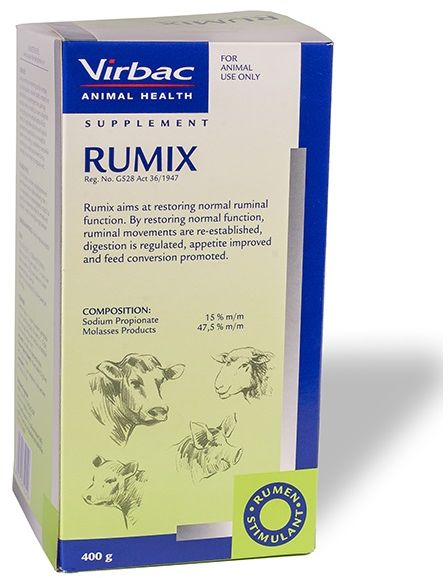 Aims at restoring normal ruminal function, re- establishing ruminal motility, regulating digestion, improving appetite and promoting feed conversion following tick-borne gall sickness, red water, mastitis, foot rot and other infections, digestive disturbances, stress, transport, change of food, low-grade roughage, poisonous plants and recurring bloat. Aims at restoring normal ruminal function, re-establishing ruminal motility, regulating digestion, improving appetite and promoting feed conversion following disease. Aims at restoring normal ruminal function, re-establishing ruminal motility, regulating digestion, improving appetite and promoting feed conversion following disease.