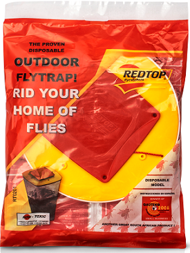 The Redtop Trap disposable is practical and easy to use. It is a 3 litre capacity disposable fly-trap which is simply thrown away when full. The trap is supplied with bait.