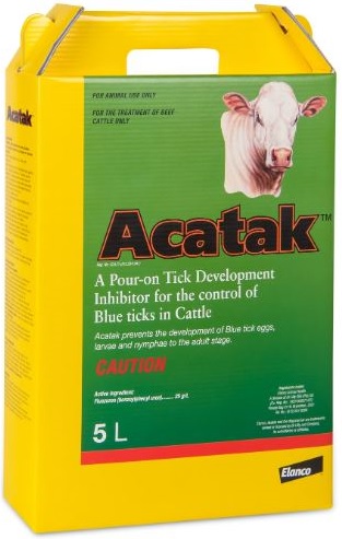 A pour-on tick development inhibitor for the control of blue ticks in cattle. Acatak prevents the development of blue tick eggs, larvae and nymphae to the adult stage.
