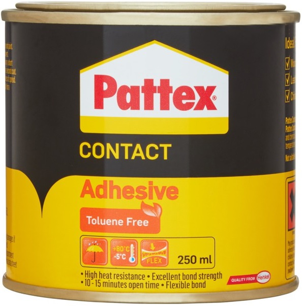 Pattex Contact Adhesive is at the core of our contact adhesives range.This Toluene free formulation spreads easily bonds quickly and offers superior sticking power.