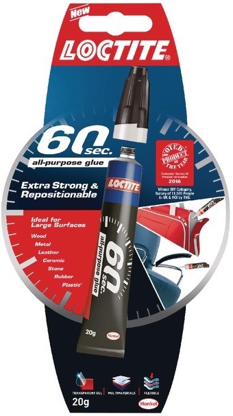 Loctite 60 sec all-purpose glue is the purpose glue that bonds injust 60 sec.No more waiting and no more clamping.