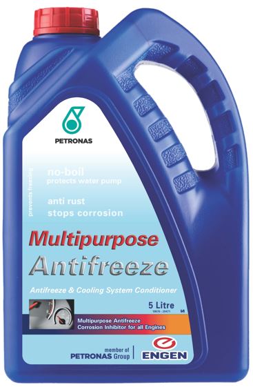 Engen Multipurpose Antifreeze is a nitrite-, amine-, silicate-, borate- and phosphate-free engine coolant concentrate base on ethylene glycol. Being a concentrate it must be diluted with clean water before use. It provides excellent corrosion protection to all cooling system metals and alloys used in internal combustion engines as well as protection against freezing for up to one year. It is miscible with other silicate-free and silicate-containing coolants, although mixing is not recommended.