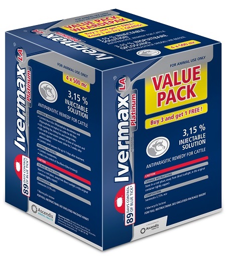 3,15% injectable solution. Antiparasitic remedy for cattle. Kills cattle screwworm present at time of injection and protects against screwworm strike for 2 weeks after administration. Controls sand tampans for up to 3 days after treatment.