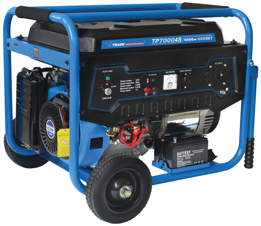 Output: 7.5kW. Rated A.C. Output: 7.0kW. A.C.Frequency: 50Hz. Rated Voltage: 220V. Start: Recoil/Electric. Fuel Capacity: 25lt. Automatic Regulator: Yes. Air Cooled: Yes. Cont. Operation Time: ±7H (On a full fuel tank). 4 Stroke: (Unleaded fuel). Noise Le