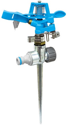 Classic impulse sprinkler with base Full or part circle spray pattern plastic two-way spike allows connection with more sprinklers for watering large area.