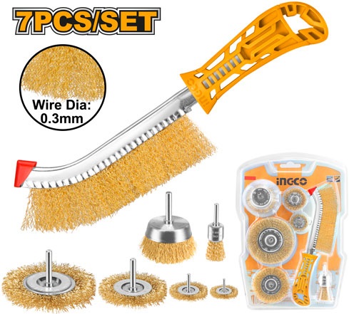 Wire brush 7pcs set specifications: 1pcs 10"wire brusher, 1pcs 1 "wire end brushes with shank, 1pcs 1, 5"circular grinding wire brush, 1pcs 2 "circular grinding wire brush, 1pcs 3"circular grinding wire brush, 1pcs 4"circular grinding wire brush, 1pcs 2, 5