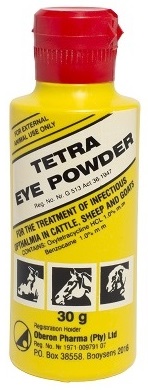 Tetra Eye Powder is for the treatment of bacterial eye infections (Pink Eye) in horses, cattle, sheep and goats.