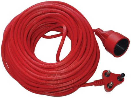 Extension Cable 25m. Red ribbed fitted with 3 pin plug and female shuko, SABS.