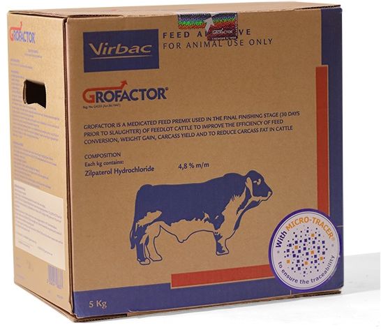 Is a medicated feed premix used in the final finishing stage (30 days prior to slaughter) of feedlot cattle to improve the efficiency of feed conversion, weight gain, carcass yield and to reduce carcass fat in cattle. Contains 48% Zilpaterol hydrochloride. Contains 48% Zilpaterol hydrochloride. Grofactor is nearly 100% bioavailable following oral ingestion and almost completely eliminated within 72 hours - 3 day withdrawal. Stavigro technology ensures ensures the stability and uniformity of ZH in Grofactor and ensures homogenous mixing into feed.