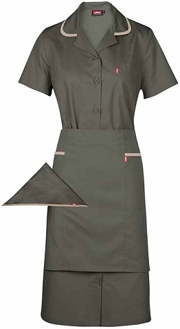 Coordinated set: dress, apron, head scarf. Contrast binding trim. Graded apron for larger sizes. Functional chest and hip pockets on dress. Two additional pockets on apron.