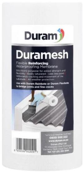 The product can be used on, roofs, parapets, flashings, joints and cracks, Duramesh bridges existing cracks and reinforces surfaces likely to experience hairline cracks. Advantages of the product is that it forms a flexible waterproofing barrier that withstands cracking and movement of the underlying surface. It offers long term flexibility, because it is a woven mesh, it is stronger, uses less paint and follows the profile of the underlying substrate, and is easily saturated.